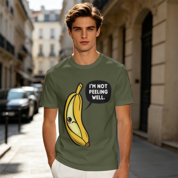 Olive T-shirt with sad banana graphic reading I'm not peeling well