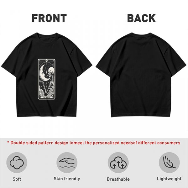 Olive t-shirt with The Moon tarot card skeleton and crescent moon print
