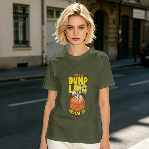 Olive green graphic t-shirt with dumpling pun and steamer illustration