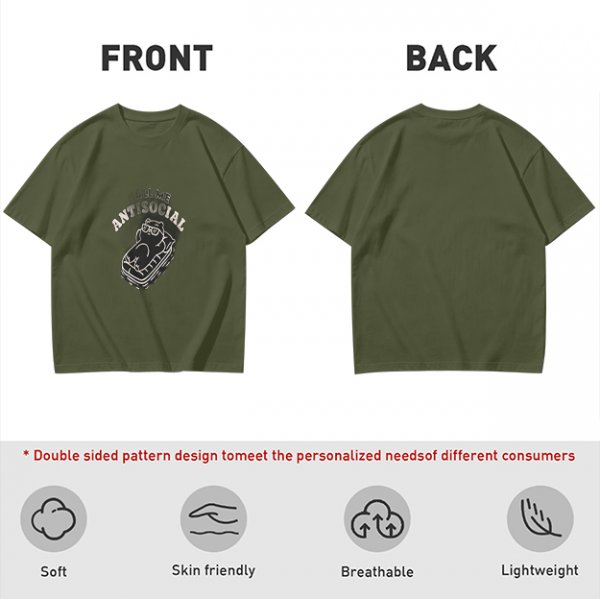 Oversized Olive T-Shirt With 'Call Me Antisocial' Bear Graphic