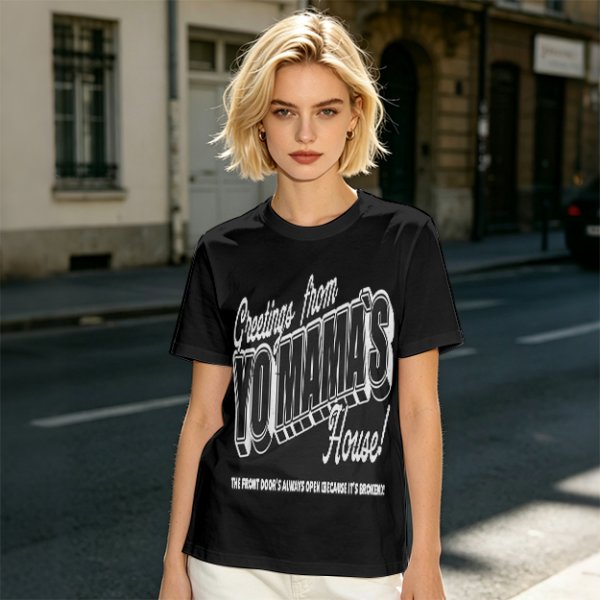 Olive green graphic t-shirt with 'Greetings from Yo Mama's House' print