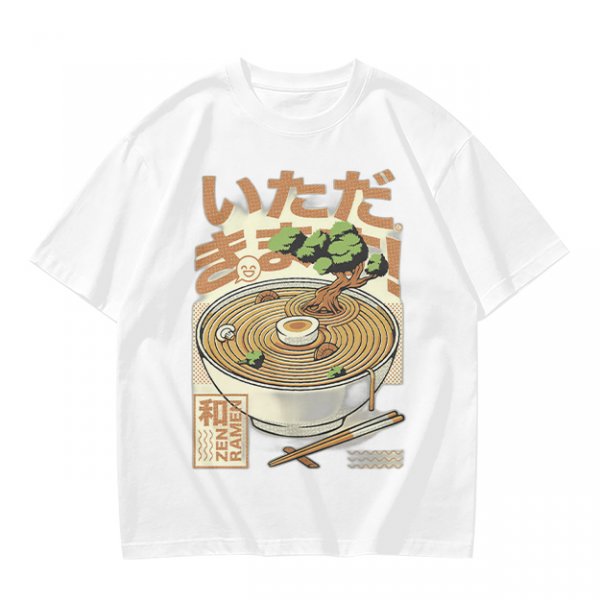 Olive green t-shirt with zen ramen bowl and bonsai tree print