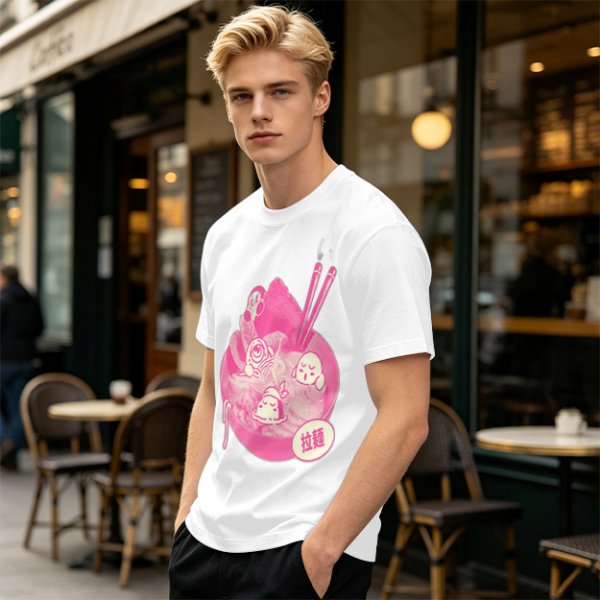 Oversized dark green t-shirt with cute pink ramen bowl graphic