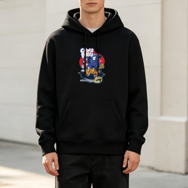 Black hoodie with colorful Cobra Puffs graphic print