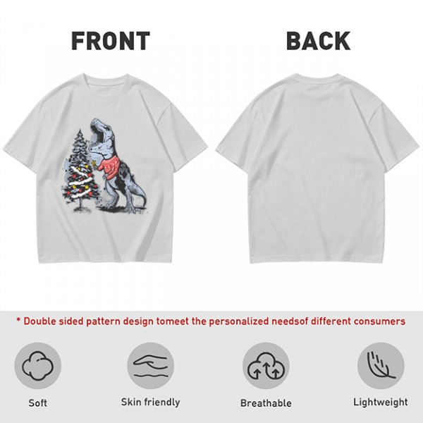 Olive T-shirt with T-Rex in Christmas sweater decorating a tree