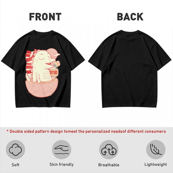 Olive t-shirt with a cartoon dinosaur in a ramen bowl graphic