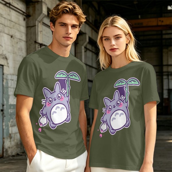 Olive T-Shirt With Cute Chibi Totoro Holding Leaf Print