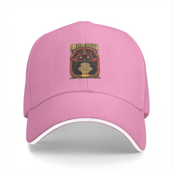 Black baseball cap with fortune teller cat graphic and text