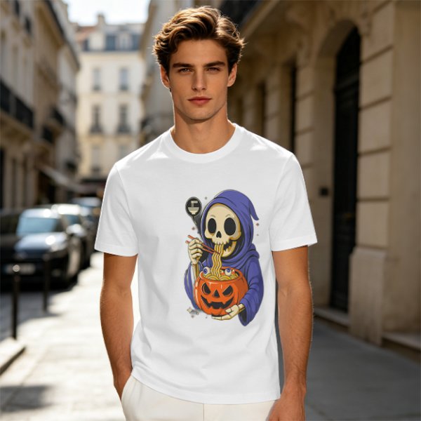 Grim Reaper Eating Ramen from Jack-o'-lantern Pumpkin Bowl T-Shirt