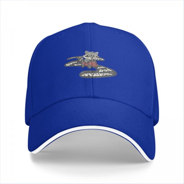 Black baseball cap with raccoon driving car and bad decisions print