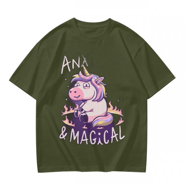 Anxious Magical Unicorn Graphic Olive T-Shirt