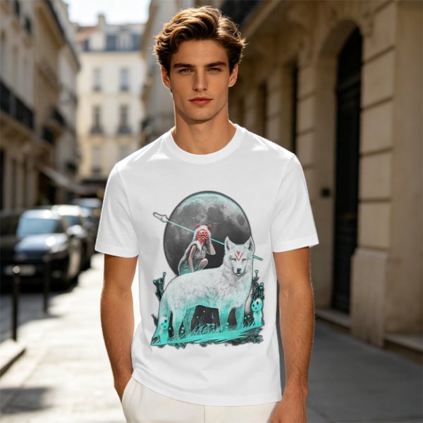 Olive T-Shirt With Wolf Warrior And Moon Forest Art Print