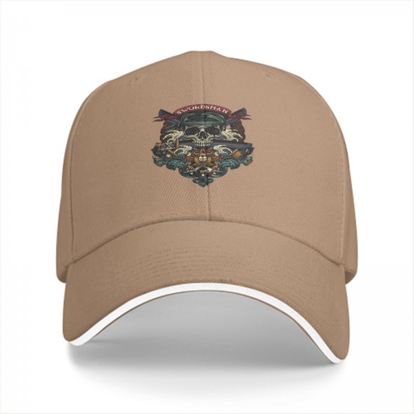 Black Baseball Cap With Swordsman Skull Graphic Design