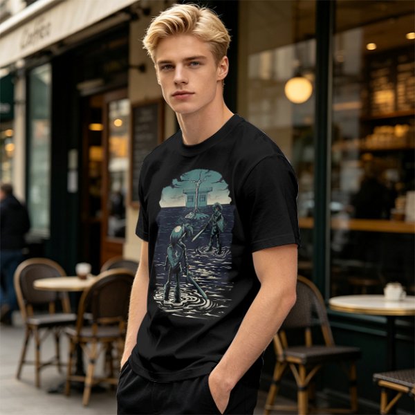 Olive T-shirt with two warriors standing in water holding swords