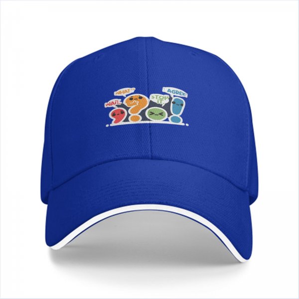 Black baseball cap with cute punctuation characters and speech bubbles