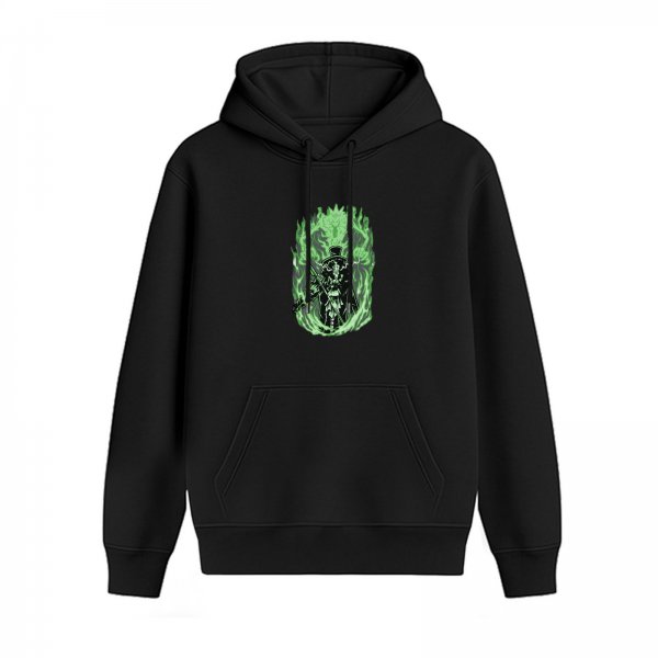 Black hoodie with green fiery anime warrior graphic print