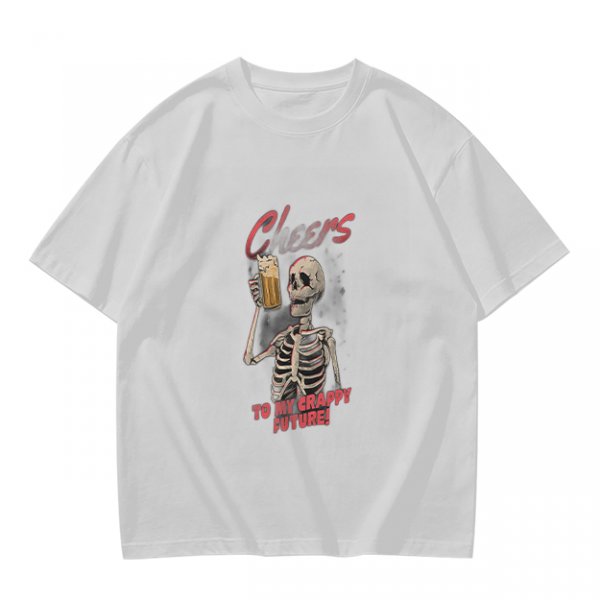 Olive skeleton graphic t-shirt with 'Cheers to my crappy future' print