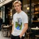 Olive T-shirt with Cartoon Boys Balancing on Log Over Stream