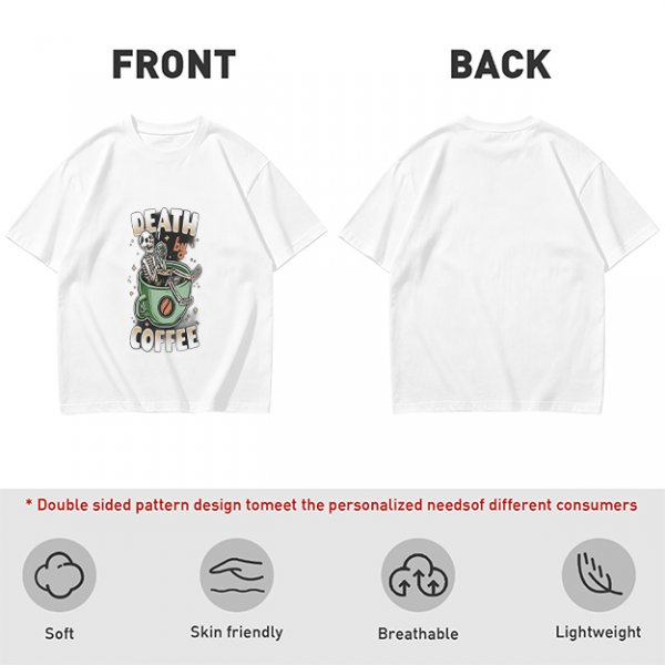 Oversized Army Green T-Shirt With 'Death By Coffee' Skeleton Print