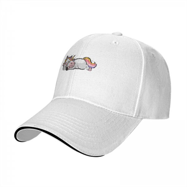 Black baseball cap with a lazy sleeping unicorn graphic