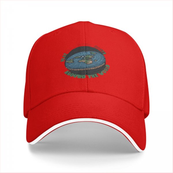 Black baseball cap with flat earth 'around the world' graphic print