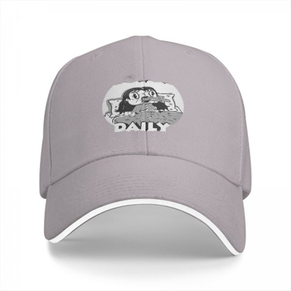 Black baseball cap with grayscale horror girl in bed graphic and DAILY text