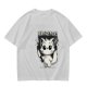 Olive graphic t-shirt with angry cartoon cat holding knife