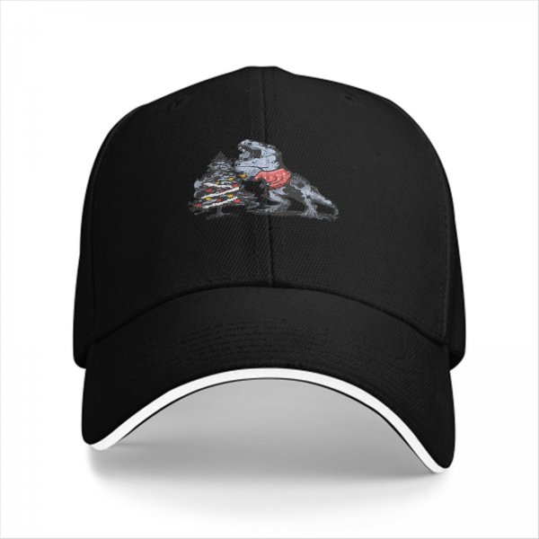 Black Baseball Cap with T-Rex Dinosaur and Christmas Tree Design
