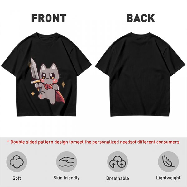 Olive T-shirt with cute warrior cat holding a sword graphic