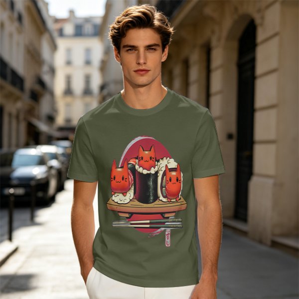 Olive t-shirt with cute cat sushi characters on a wooden platter