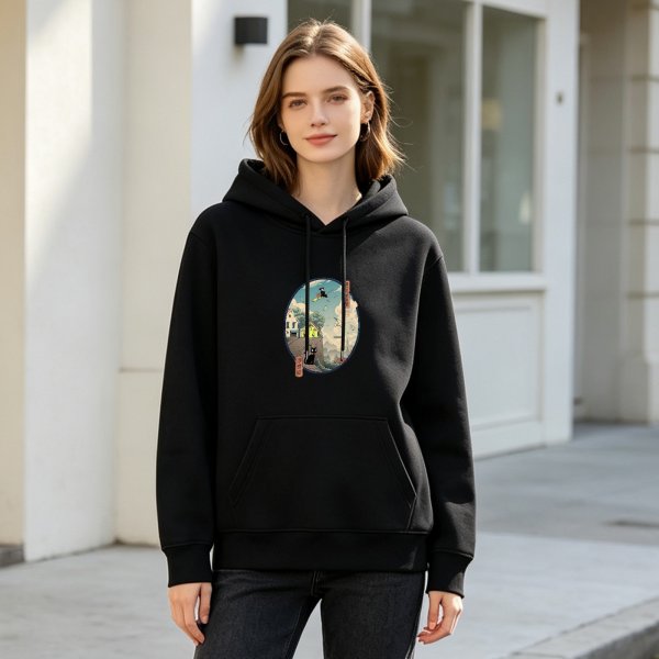 Black hoodie with witch and black cat town scene graphic