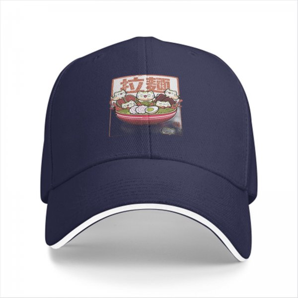 Black baseball cap with cute ramen cat graphic design
