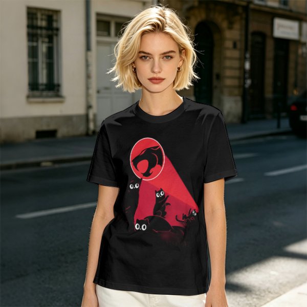 Olive T-Shirt With Black Cats And Red Panther Signal Graphic