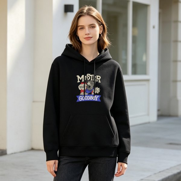 Black hoodie with Mister Goodboy dog graphic print