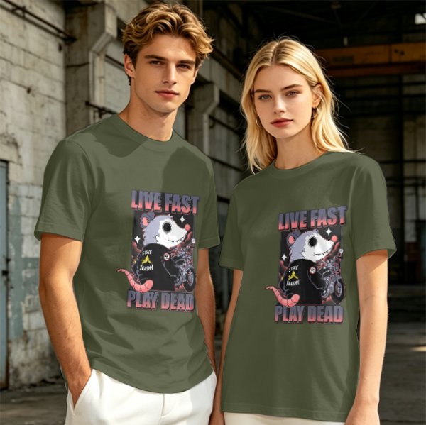 Olive t-shirt with live fast play dead opossum biker graphic