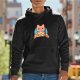 Black hoodie with crying but trying cat graphic print