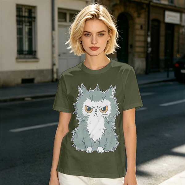 Olive T-shirt with Grumpy Fluffy Gray Cat Graphic Print