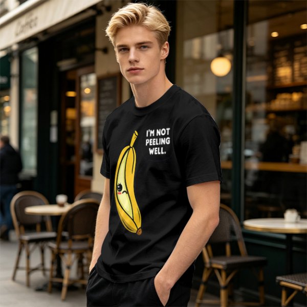 Olive T-shirt with sad banana graphic reading I'm not peeling well