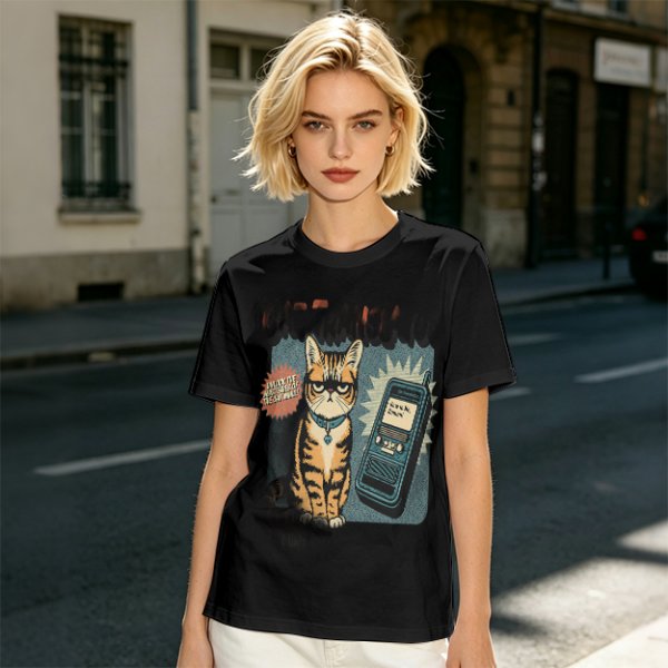 Olive T-Shirt With Grumpy Tabby Cat And Retro Cell Phone Print