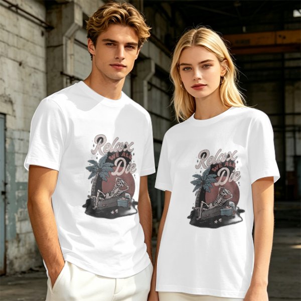Olive graphic t-shirt with skeleton relaxing on coffin and 'Relax We All Die' text