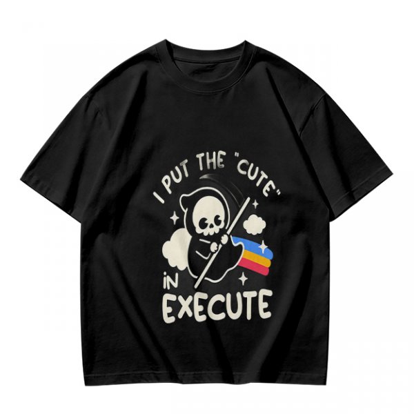 Olive t-shirt with cute grim reaper 'I put the cute in execute' print