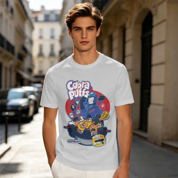 Cobra Puffs Cereal Parody T-Shirt with Villain Graphic
