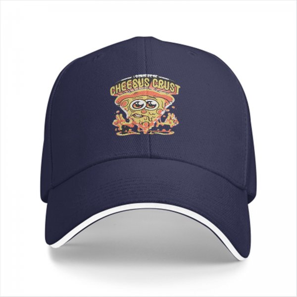 Black baseball cap with Cheesus Crust pizza slice graphic