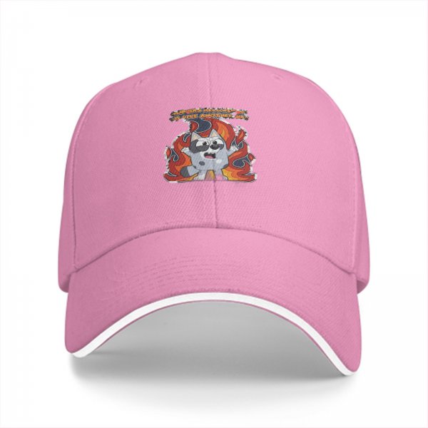 Black baseball cap with angry cartoon dog surrounded by flames graphic