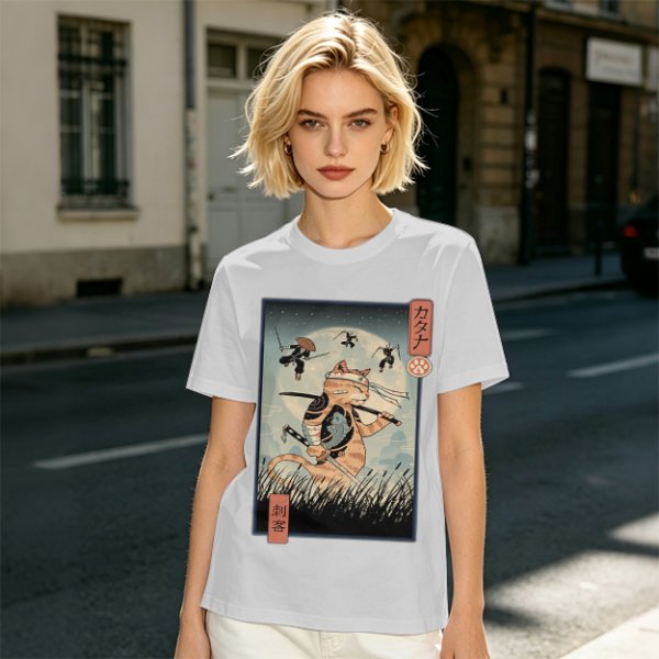 Samurai Cat Fighting Ninjas Ukiyo-e Style Graphic T-Shirt