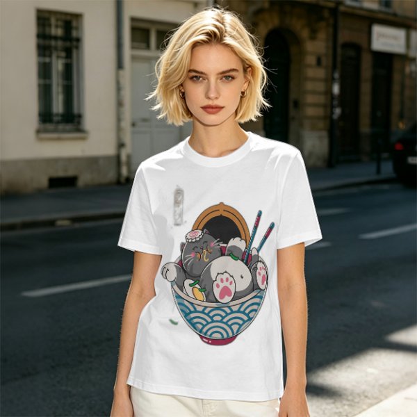 Oversized T-Shirt With Chubby Cat In Ramen Bowl Print