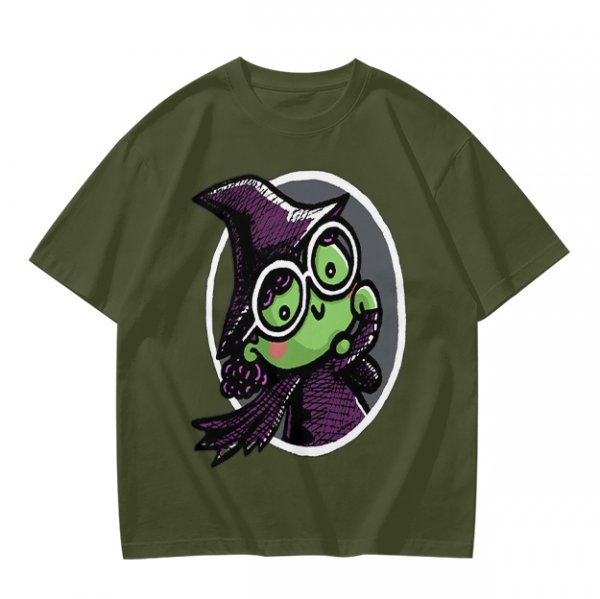 Olive T-Shirt With Cute Green Witch Wearing Glasses Graphic