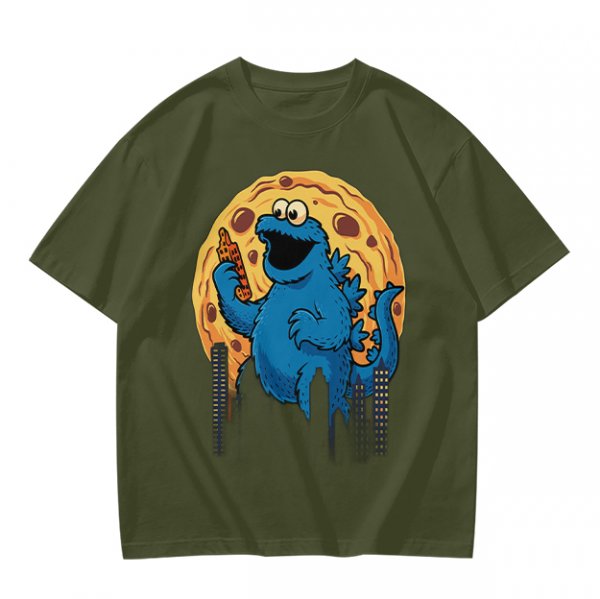Olive T-Shirt Featuring Giant Cookie Monster Holding Cookie Against Moon