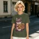 Olive t-shirt with a raccoon holding a fast food trash sign