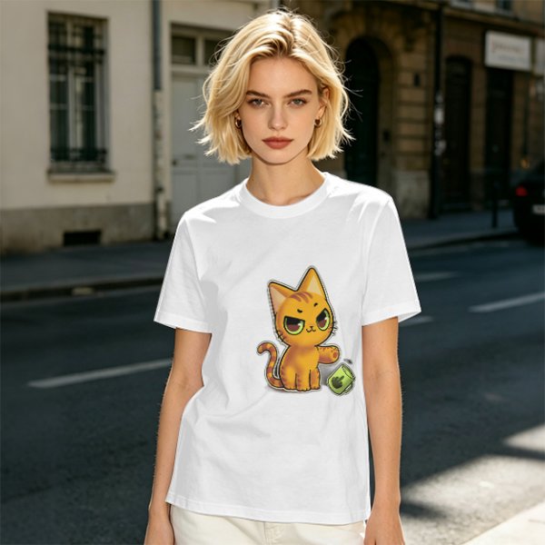 Olive T-shirt with mischievous orange cat knocking over green cup print